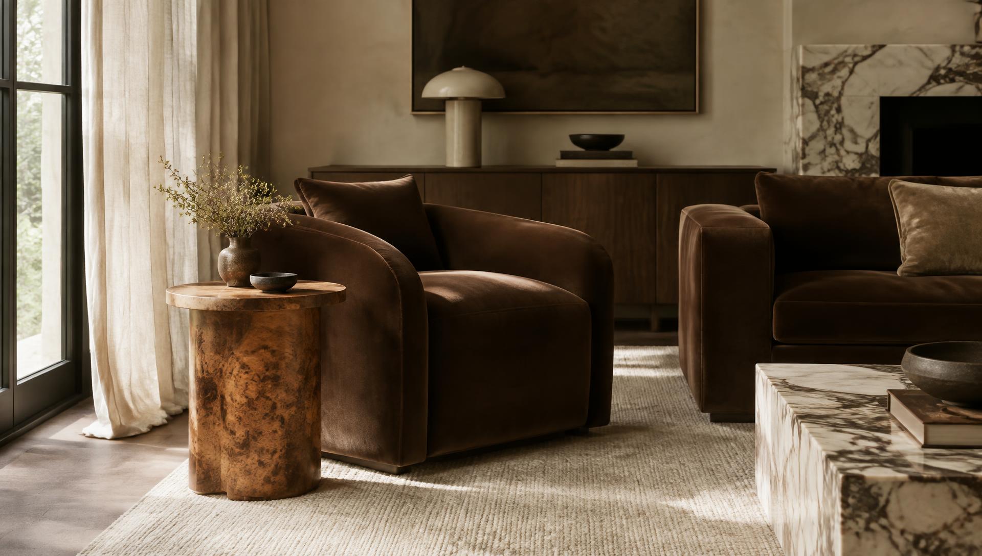 A warm room with chocolate velvet seating, a burl wood side table, and veined marble
