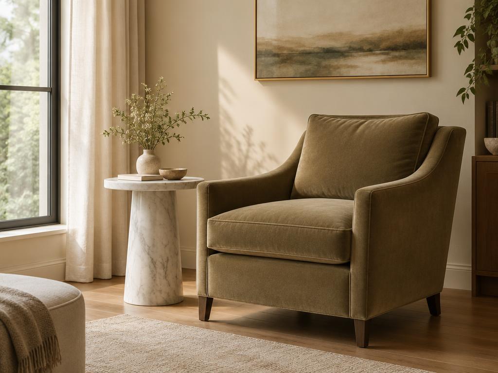 A khaki velvet armchair beside a veined marble side table in soft natural light